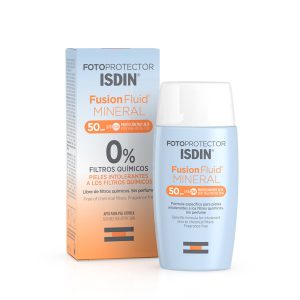 کرم ضدآفتاب مینرال ایزدین spf50 مدل Fusion Fluid مناسب برای انواع پوست بویژه پوست های حساس حجم 50 میلی لیتر